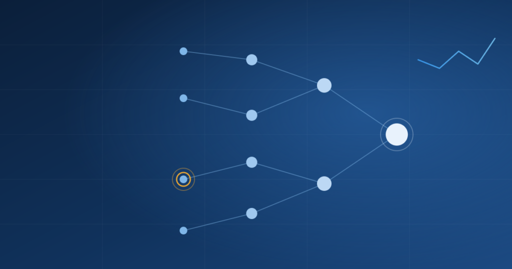Abstract supplier network diagram with tiered nodes and one flagged node deep in the chain, representing hidden supply chain financial risk