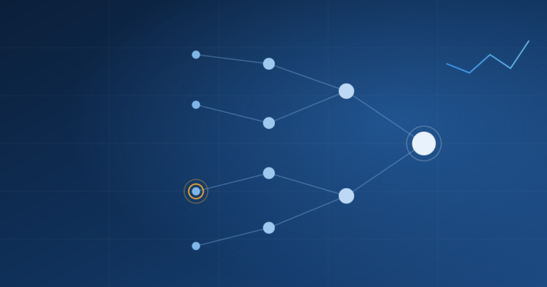 Abstract supplier network diagram with tiered nodes and one flagged node deep in the chain, representing hidden supply chain financial risk