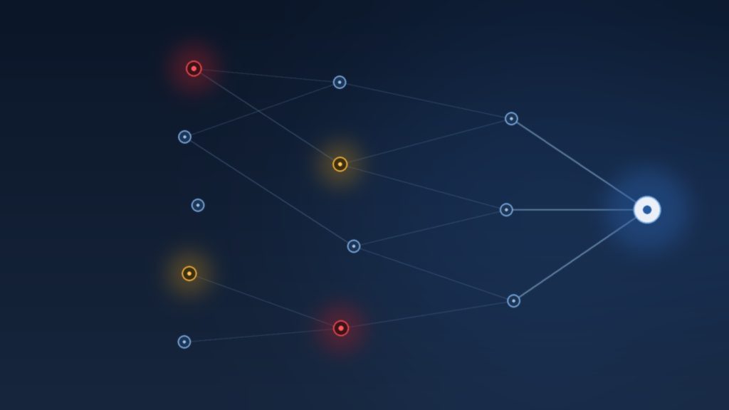 Illustration of a multi-tier supplier network with financial risk warning signals highlighted across tier 1, 2, and 3 suppliers