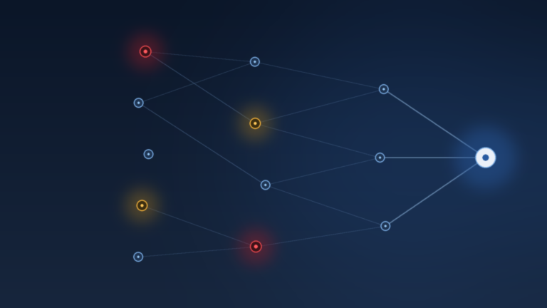 Illustration of a multi-tier supplier network with financial risk warning signals highlighted across tier 1, 2, and 3 suppliers