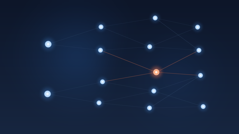 Pharmaceutical supply chain network visual with one at-risk node highlighted, representing pharma supplier risk management