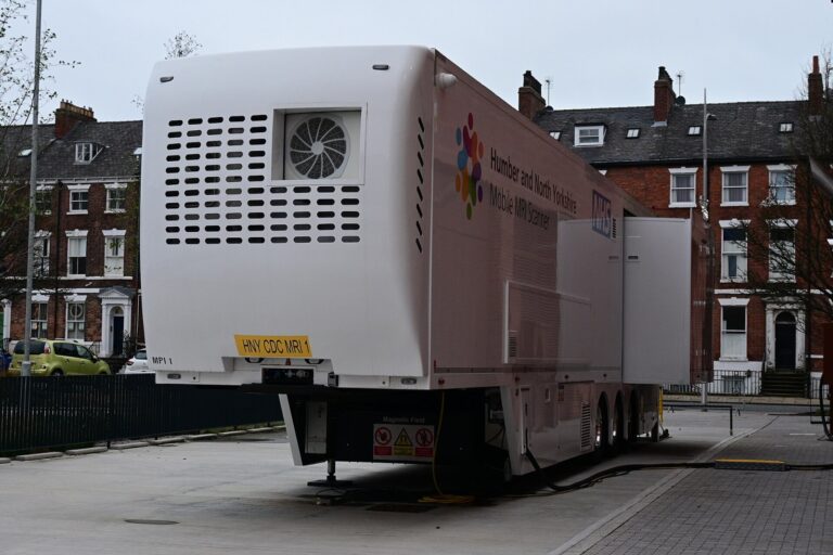 Mobile MRI scanner unit at a UK Community Diagnostics Centre, representing medical imaging equipment exposed to rare earth magnet supply risk