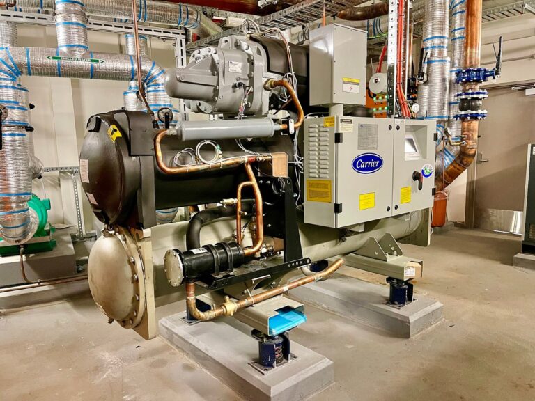 Water-cooled HVAC chiller in a commercial building plant room, illustrating how to quantify supply chain exposure for HVAC component suppliers